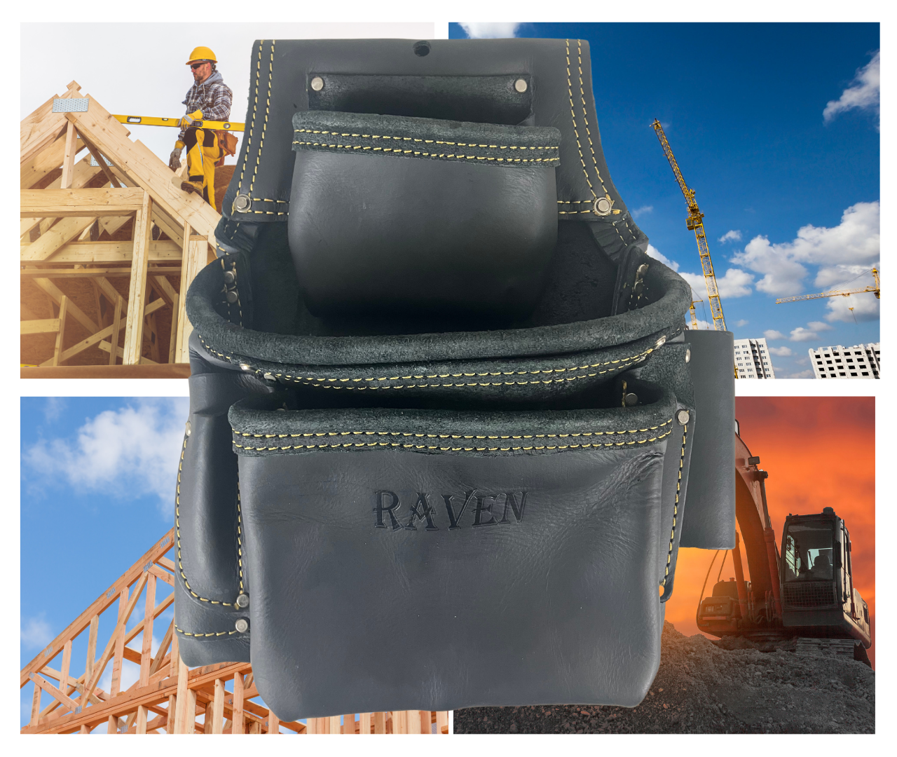 RAVEN Pro Series 3 Pouch Fastener Tool Pouch | Top Grain Black Oil Tanned Leather | Perfect for Professional Construction Worker