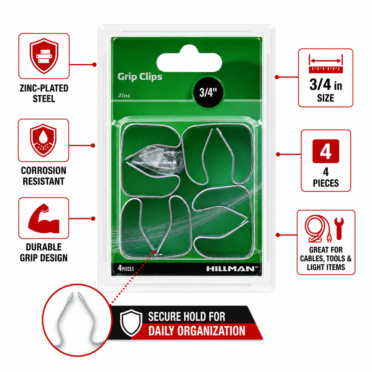 3/4 Inch Zinc-Plated Steel Grip Clips, 4 Piece Utility Wire Clips for Cables, Tools, Light Items, Garage, Workshop, Home Organization, Corrosion Resistant Metal Holding Clips