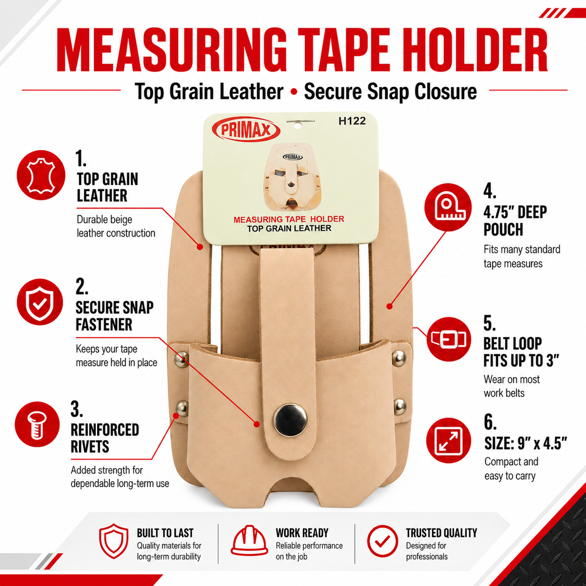 Top Grain Leather Measuring Tape Holder with Snap Fastener, Reinforced Rivets, Fits Belts up to 3", Beige, 9" x 4.5" – AT003-H122