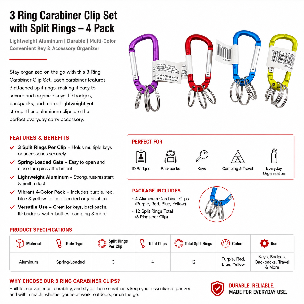 4-Pack Aluminum Carabiner Keychain Clips with 3 Split Rings Each, Lightweight Spring Gate Key Ring Clips for Keys, Backpacks, ID Badges, Camping & Everyday Carry, Assorted Colors