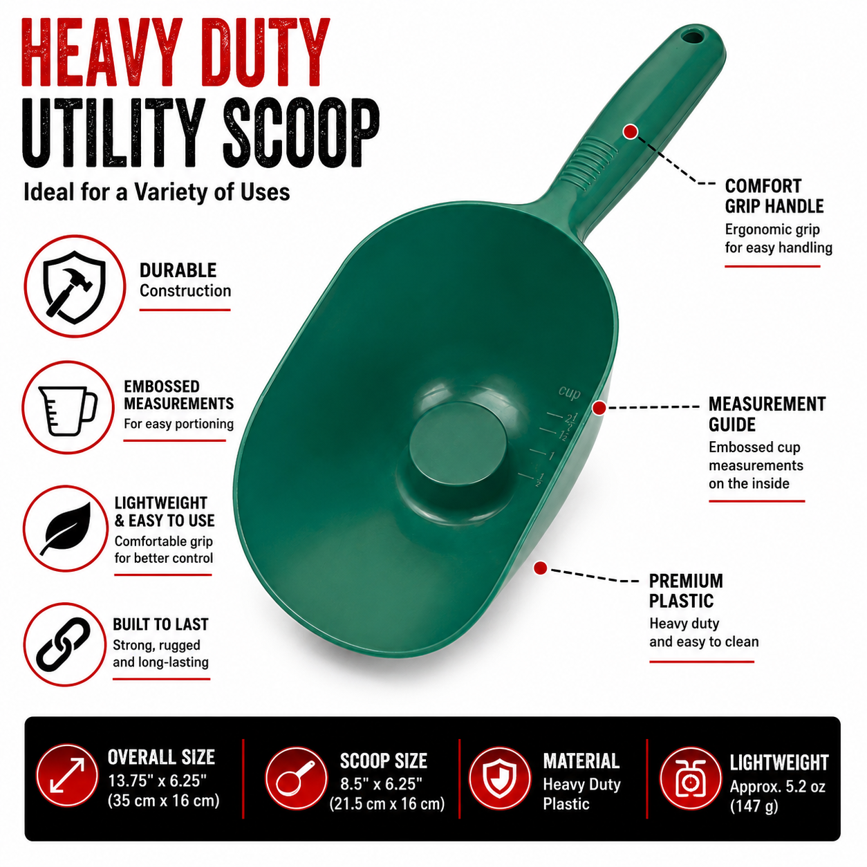 Heavy Duty Plastic Utility Scoop with Ergonomic Handle, 2.5 Cup Capacity, Measuring Scoop for Pet Food, Bird Seed, Garden Supplies, Ice, Grain & Bulk Materials, Green