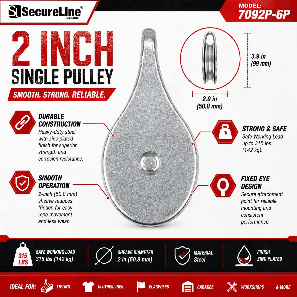 2-Inch Zinc Plated Single Pulley Block, Fixed Eye Rope Pulley, 315 lb Safe Working Load, Heavy Duty Steel Sheave for Clotheslines, Flagpoles, Lifting, Garage & Utility Applications