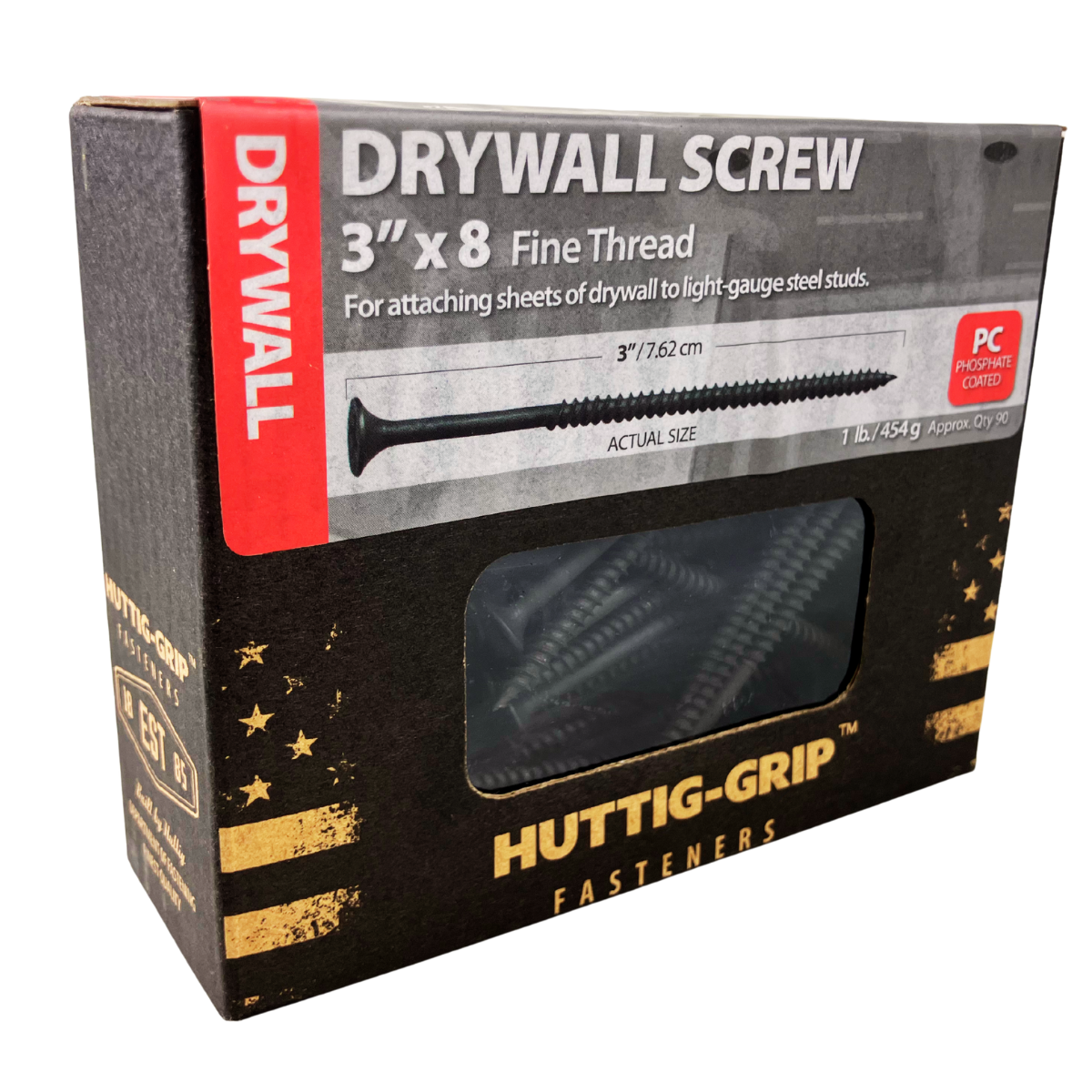Drywall Screws 3 Inch x 8 Fine Thread – Phosphate Coated, 1 lb Box (Approx. 90 pcs) – Huttig-Grip Fasteners