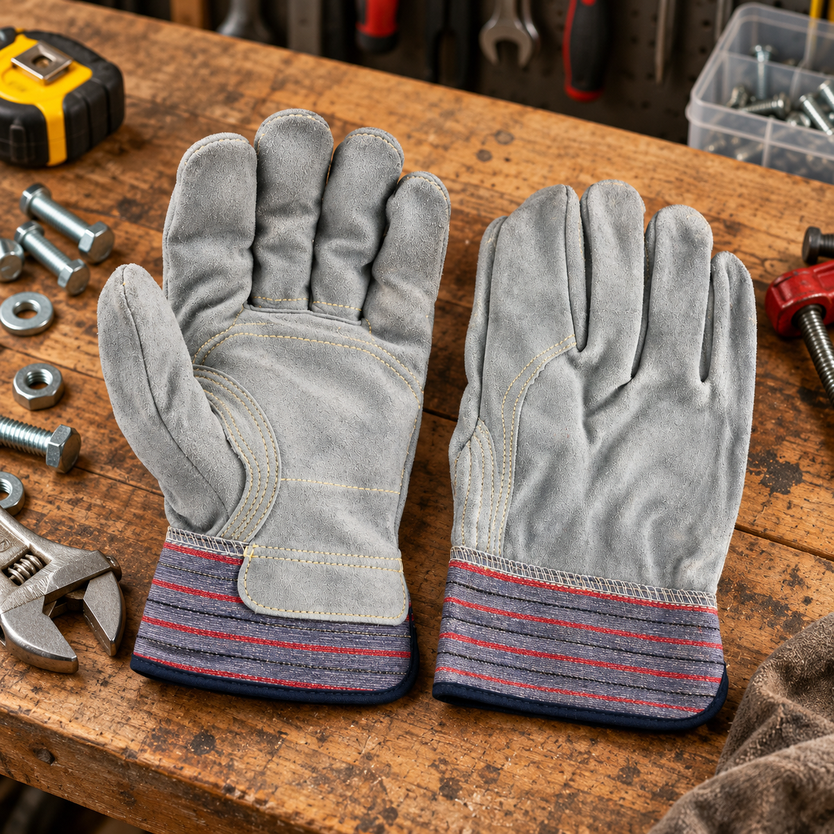 Heavy Duty Gray Split Leather Work Gloves with Reinforced Palm, Durable Stitching & Striped Safety Cuffs – Protective Gloves for Construction, Warehouse, Gardening & General Utility Work (1 Pair)
