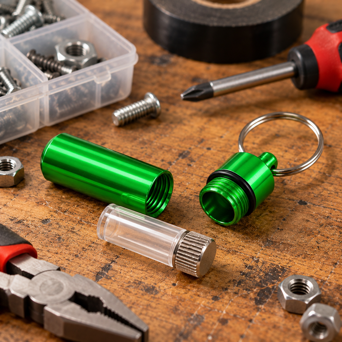 Aluminum Pill Holder Keychain with Inner Storage Tube, Mini Screw-Top Capsule Container for Small Items, 1-7/8 Inch, Green