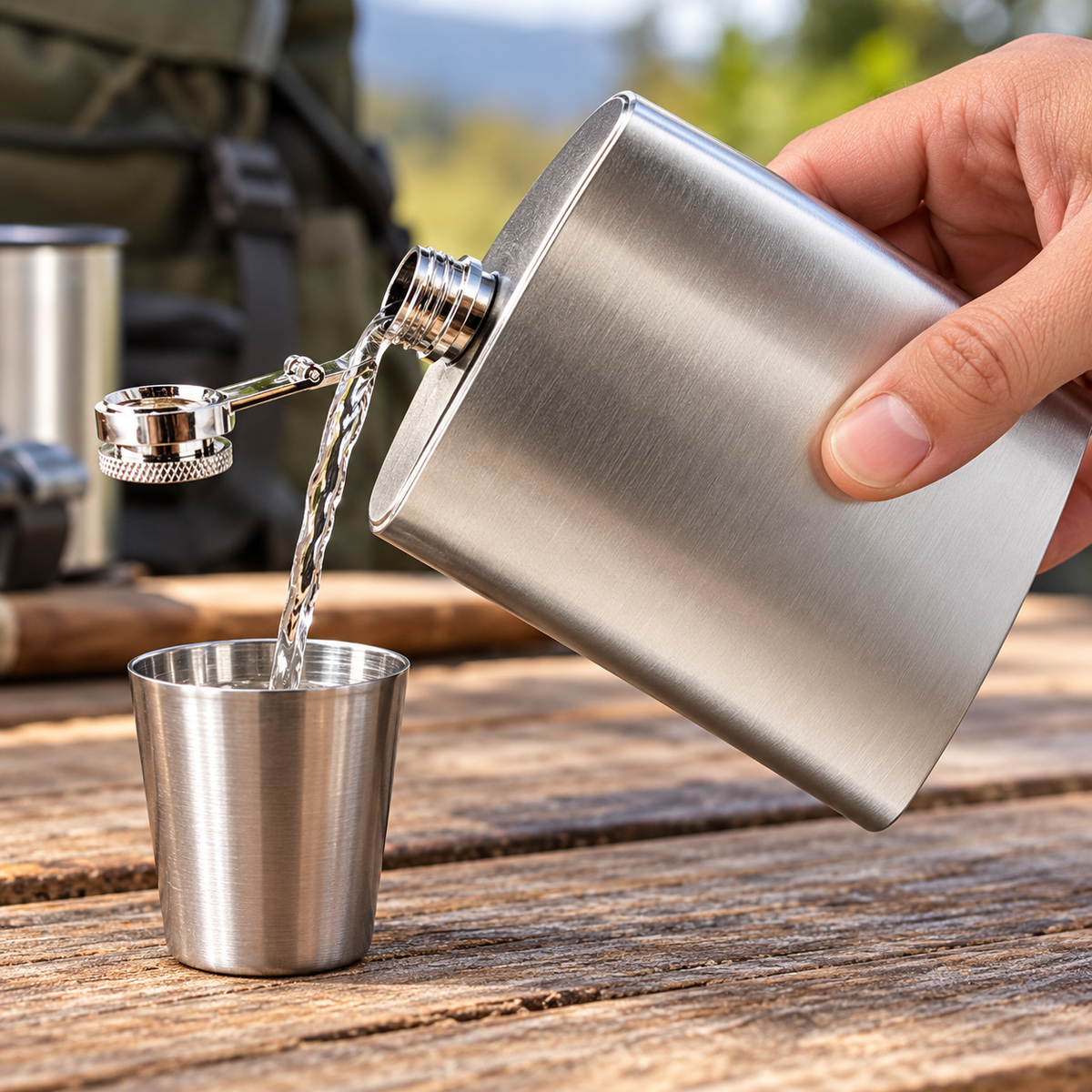 8 oz Stainless Steel Hip Flask with Attached Screw Cap – Brushed Silver Finish, Portable Pocket Flask for Camping, Travel, Outdoor Activities & Gifts