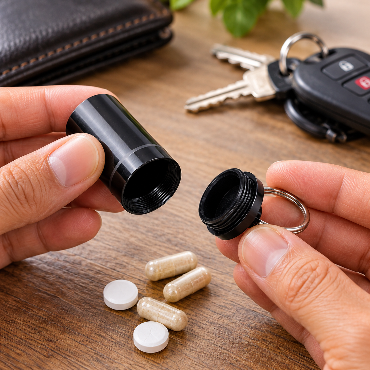 Keychain Pill Container, Black Aluminum Pocket Capsule with Screw Top and Rubber Seal, Portable Travel Storage, 1.75-Inch Tall