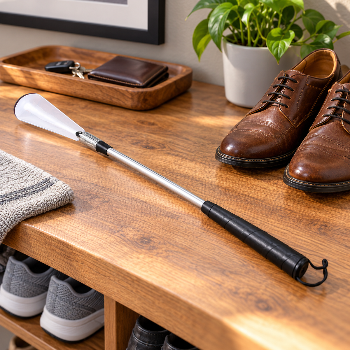 23 Inch Long Handle Shoe Horn for Men & Women – Metal Shoe Horn with Ergonomic Non-Slip Grip, Smooth Plastic Head & Hanging Loop – Long Reach Shoe Helper for Seniors & Adults