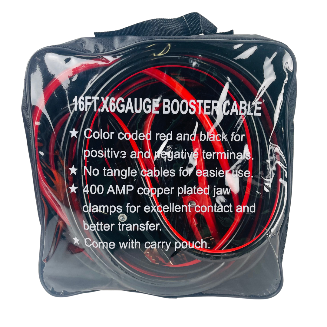 ROAD GENIE 16 Foot, 6 Gauge Booster Cable with Color-Coded Clamps and Carrying Pouch for Easy and Reliable Jump-Starting