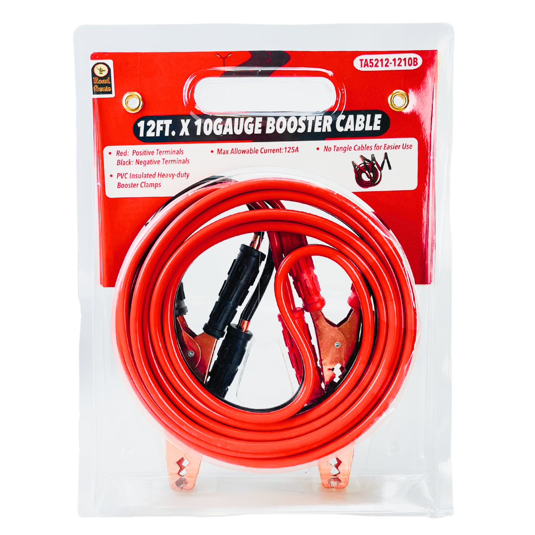 ROAD GENIE 12-Foot 10 Gauge Booster Cable with PVC Insulated Copper Jaw Booster Clamp - Tangle-Free Design, 125A Maximum Current