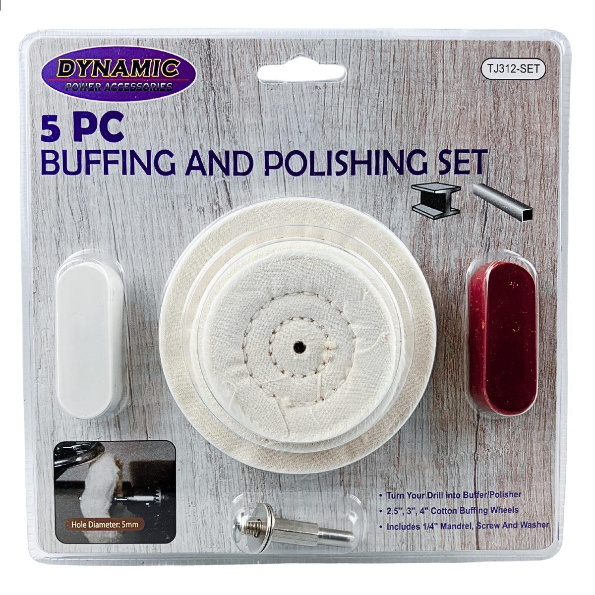 5-Piece Buffing and Polishing Set with Cotton Wheels, Compounds & Drill Mandrel – TJ-01517