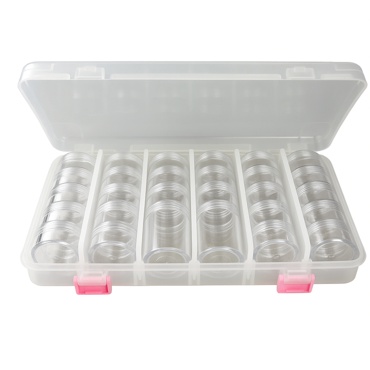 Clear Plastic Storage Box with 28 Round Screw-Stack Jars – 1-1/4" Diameter Containers in 2 Sizes – Hinged Lid & Removable Dividers for Crafts, Beads, Jewelry, Sewing & Small Parts