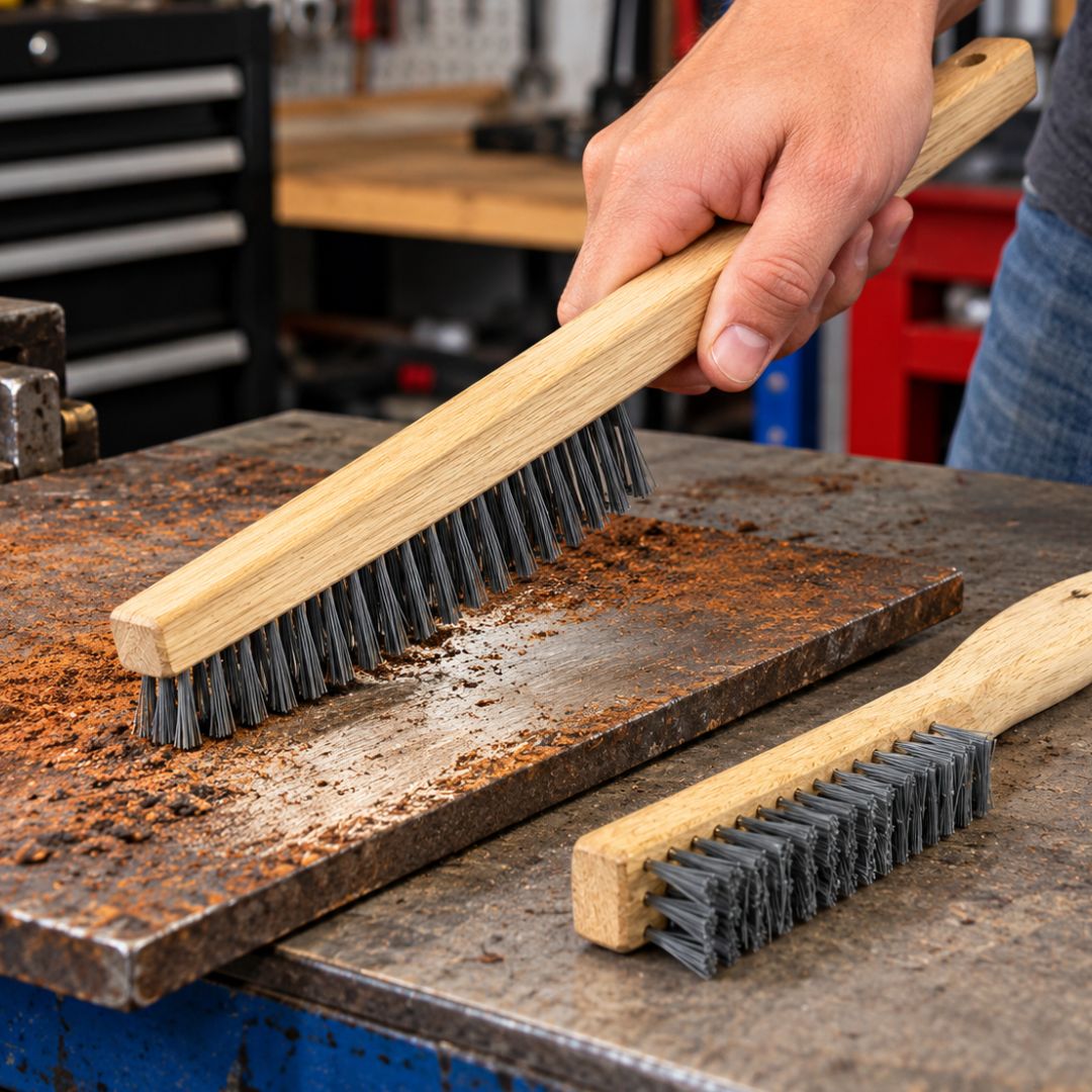2-Piece Heavy Duty Wire Brush Set with Tempered Steel Bristles, 13-3/4" and 9-7/8" Wooden Handle Brushes for Rust, Paint & Metal Cleaning