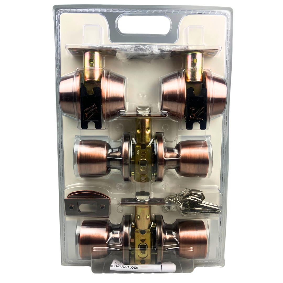 2 Pc. Double Cylinder Deadbolt and 2 Pc. Entry Door Knob Set with Three KW1 Nickel Keys - Copper Finish