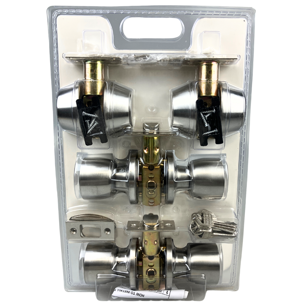 2 Pc. Double Cylinder Deadbolt and 2 Pc. Entry Door Knob Set with Three KW1 Nickel Keys - Stainless Steel Finish