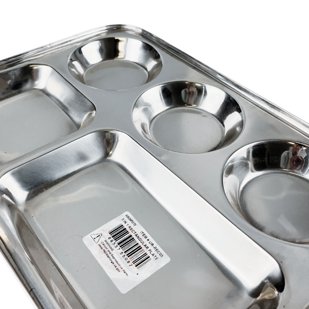 5 Compartment Stainless Steel Dinner Plate – 13.25"x10" Rectangular Food Tray – Rust-Resistant, Durable & Reusable – Ideal for Camping, Kids, Cafeteria, or Party Serving