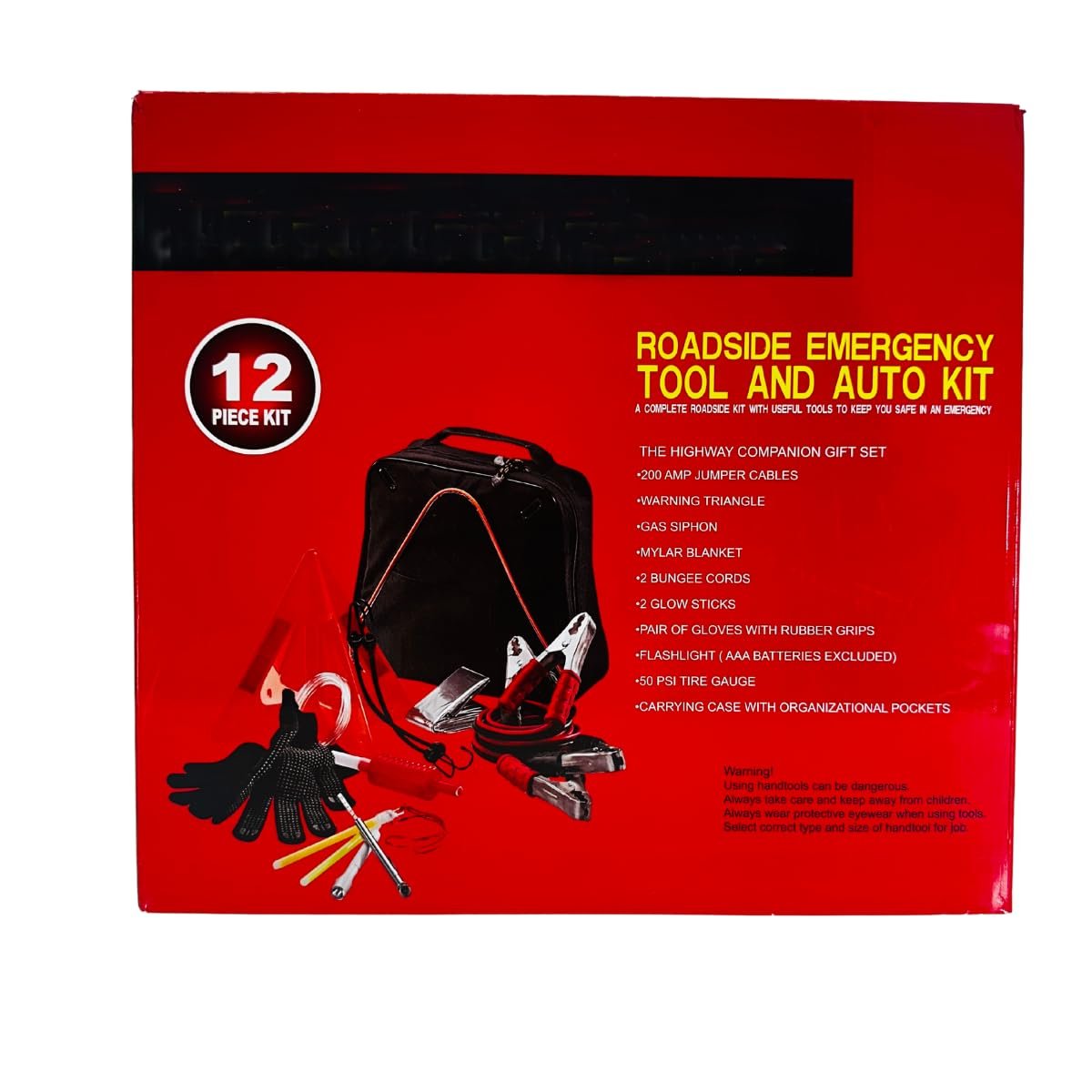 ROAD GENIE 12-Piece Roadside Emergency Tool and Auto Kit with Jumper Cables, Warning Triangle, Gas Siphon, Mylar Blanket, Bungee Cords, Glow Sticks, Gloves, Flashlight, Tire Gauge, Carrying Case