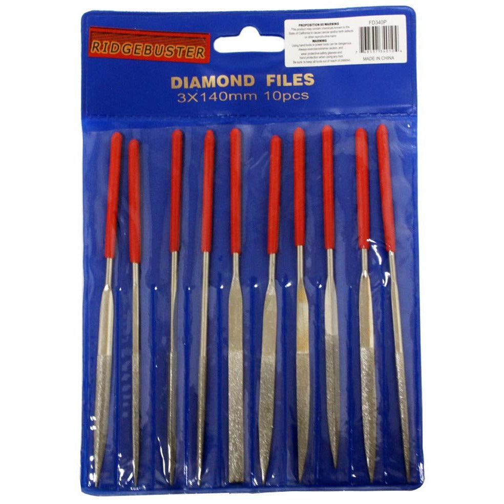 10 Piece Diamond File Set - Vinyl Covered Handles - 140mm X 3mm - F-34010 - ToolUSA