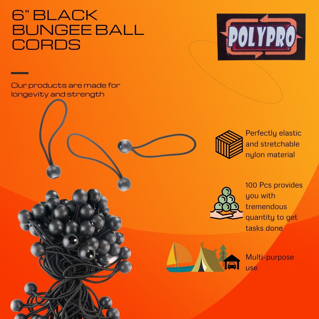 100 Pc. 6-Inch Black Bungee Ball Cords - TA8500-6-100 - ToolUSA