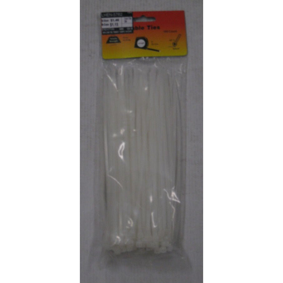 100 Pc. Package of 8" White Nylon Zip Ties To Seal Portable Totes And Gather Wires Together - TZ-27823 - ToolUSA