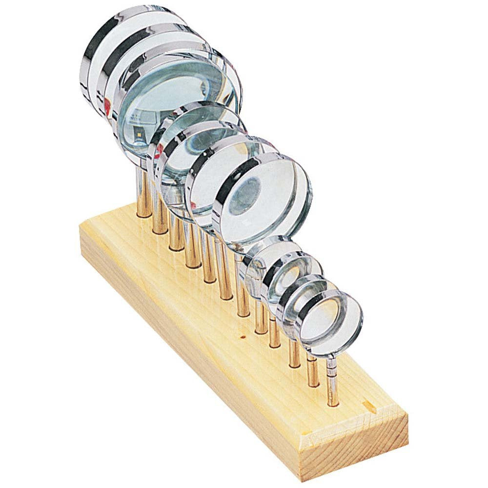 12 Pc Magnifier Display In Wood Rack: 4 Each Of: 1.5", 2", & 3" Diameter With Wood Handles - MG-68500 - ToolUSA