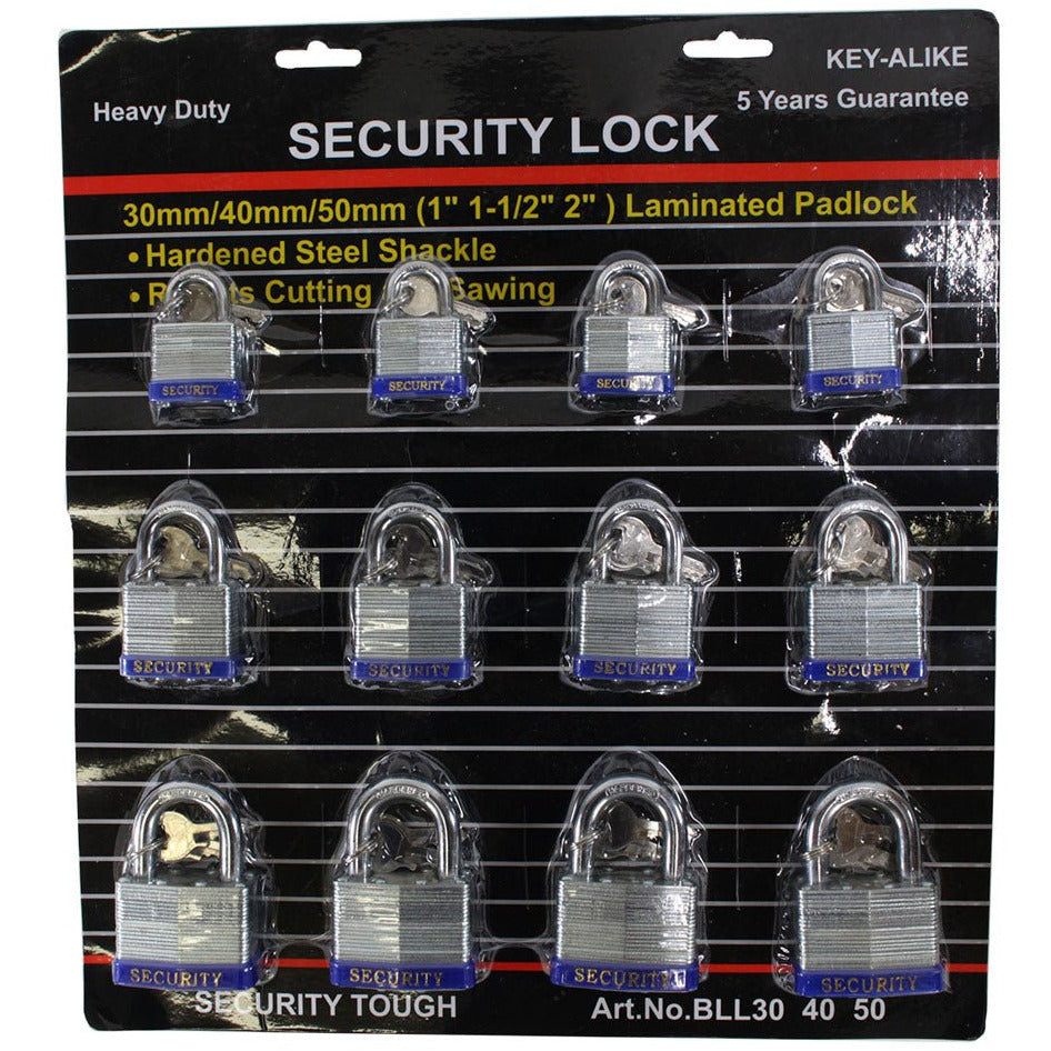 12 Piece Set Of Laminated Padlocks In 3 Sizes: 30, 40, and 50 MM- Set of 4 In Each Size - LOCK-73134 - ToolUSA