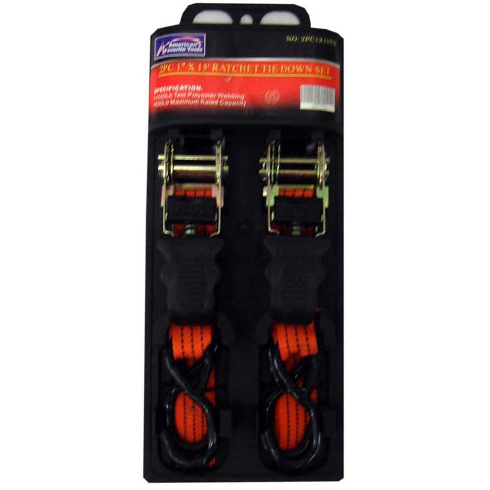 2 Piece Ratchet Tie Downs, Each In Size: 1 InchWide X 15 Feet - LYAL-5449 - ToolUSA