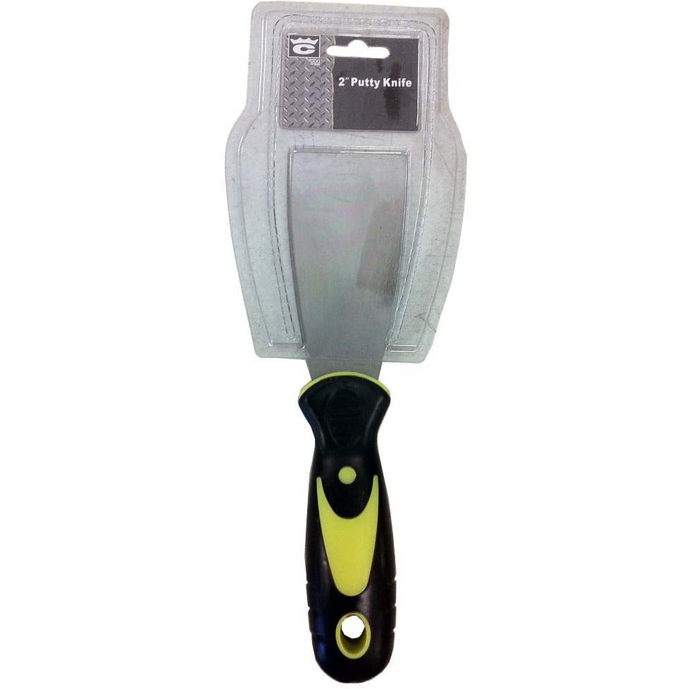 2" Wide Steel Putty Knife With Rubberized, Ergonomic Safety Handle, 8" Overall - TZ1130-2-YH - ToolUSA
