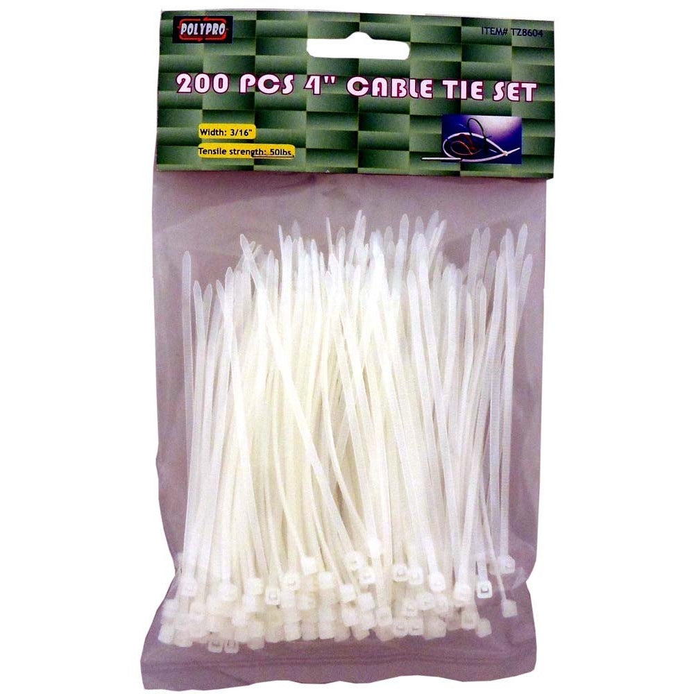 200 Pieces 4" White Cable Ties - 50 lb. Tensile Strength (Pack of: 2) - TZ03-86040-Z02 - ToolUSA