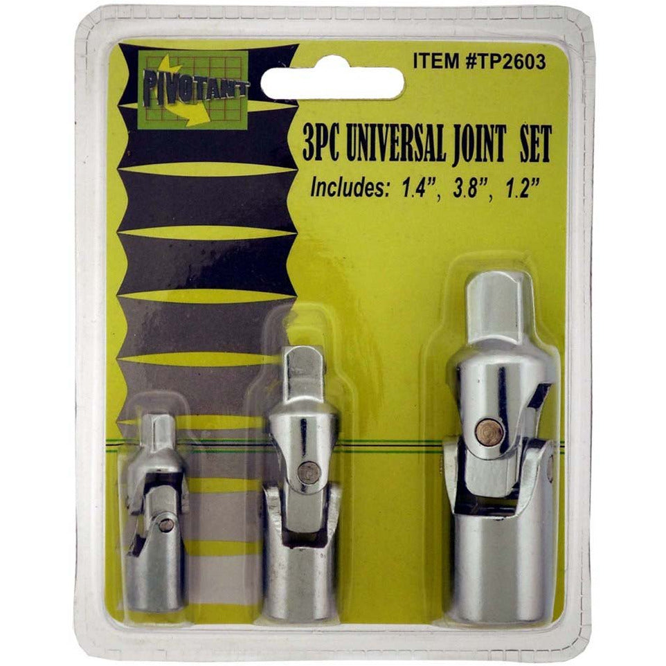 3 Piece Universal Joint Set, In Sizes: 1/4", 3/8", and 1/2" Sizes, With Swivel Joints - TP-02603 - ToolUSA
