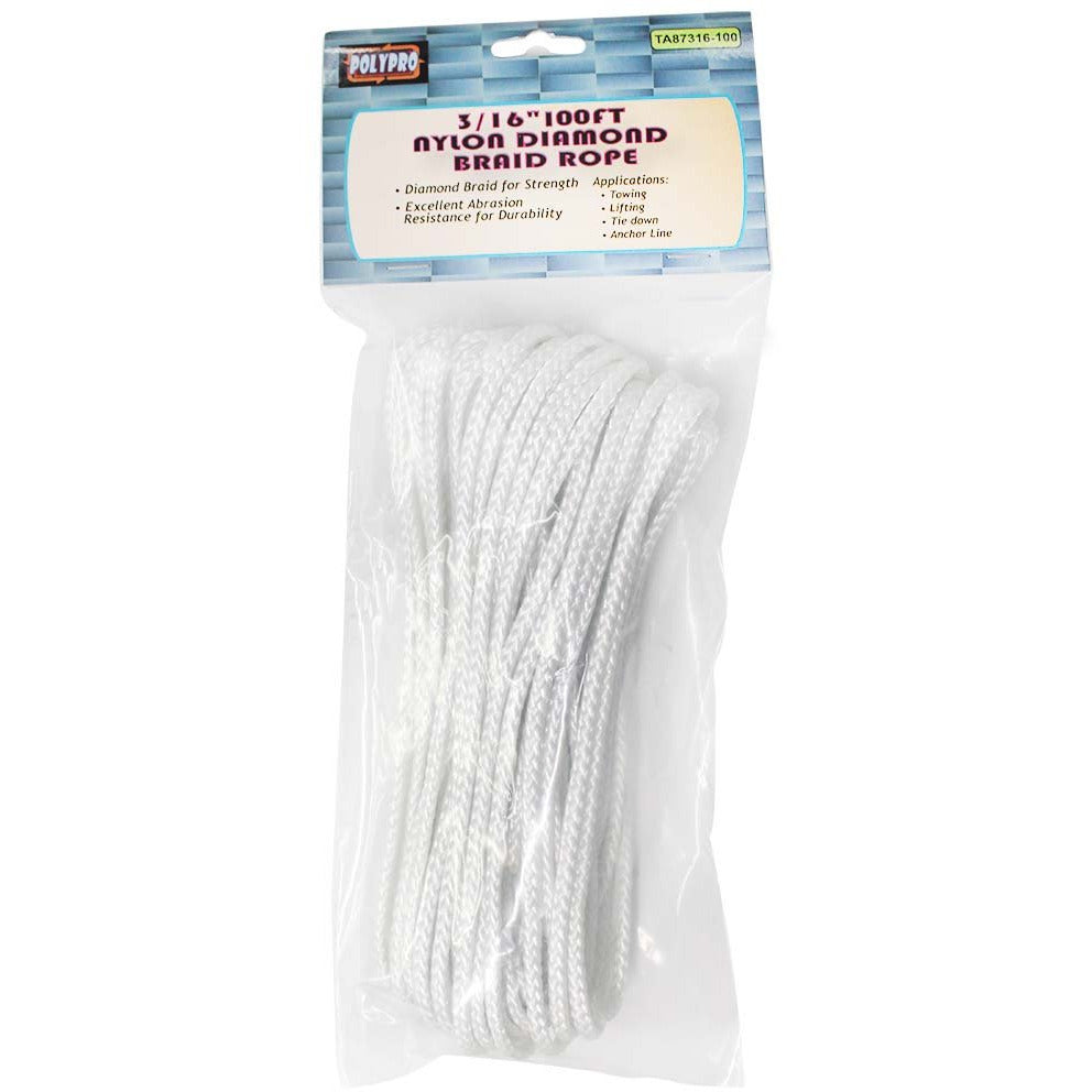 3/16" x 100' Diamond Braided Nylon, Multi-purpose Rope - 90 Pound Working Load Capacity - TA-28471 - ToolUSA