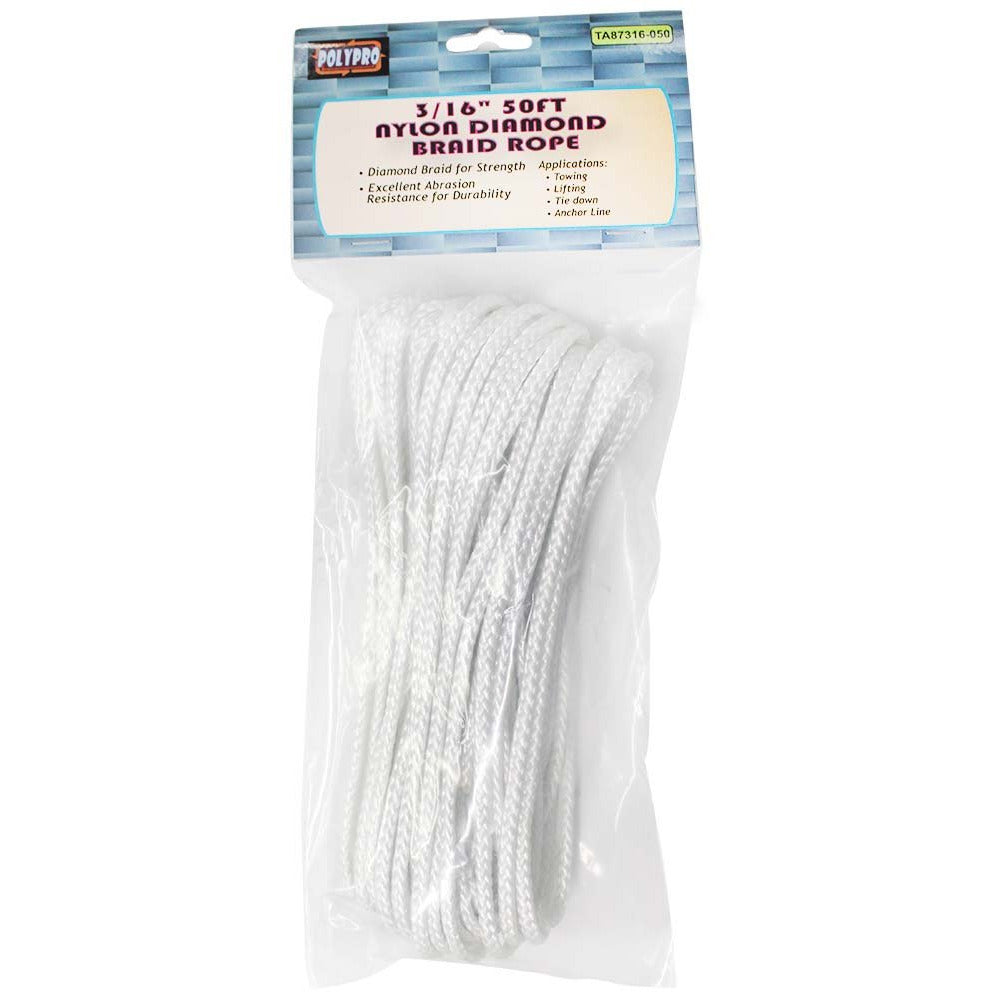 3/16" X 50' Diamond Braided Nylon, Multi-Purpose Rope With 90 Pound Working Load Capacity - TA87316-050 - ToolUSA