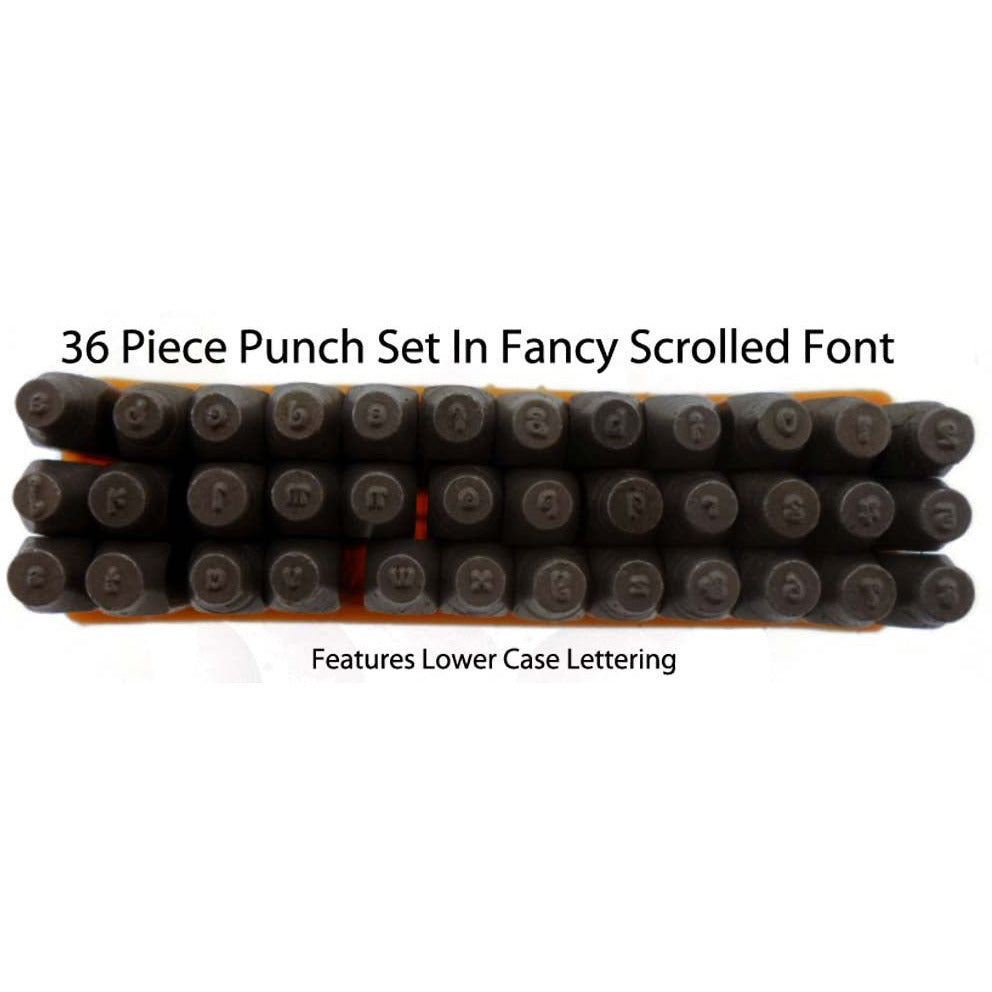 36 Pc.Number And Letter (Lower Case) Punch Set In Fancy Scrolled Font - 1/16" - TJ-30888 - ToolUSA