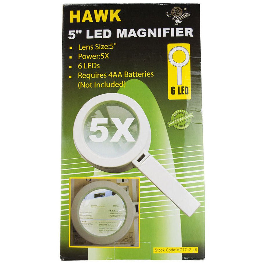5 Inch Diameter Glass Lens, With 6 Inch Handle, And 2X Power Magnifier In Dome Style With 6 LED's - MG-77126 - ToolUSA