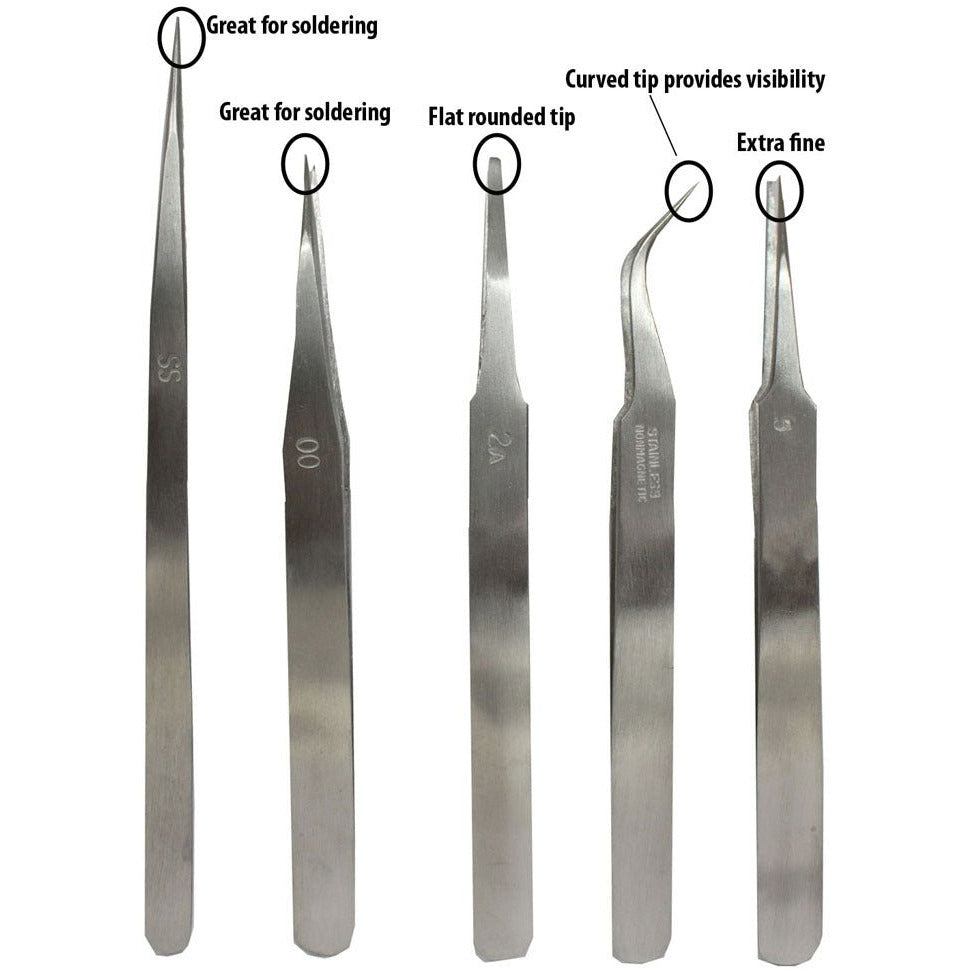 5 Piece Stainless Steel Non-Magnetic Tweezer Set - S1-18642 - ToolUSA