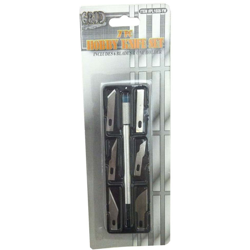 7 Piece Hobby Knife Set With 6 Razor Sharp Blades In Different Shapes, And One Handle (Pack of: 1) - PL1608-YW - ToolUSA