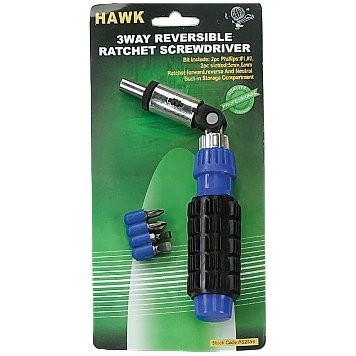 8.25" Long 3-way Reversible Ratchet Screwdriver - 4 Bits Included - PS-02595 - ToolUSA