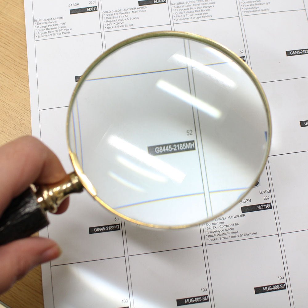 9-1/2 Inch Rustic Looking Handheld Magnifier With 2x Power, 4 Inch Diameter Lens With Brass Frame, And Handle Resembling A Cut Tree Branch - G8445-2182MH - ToolUSA