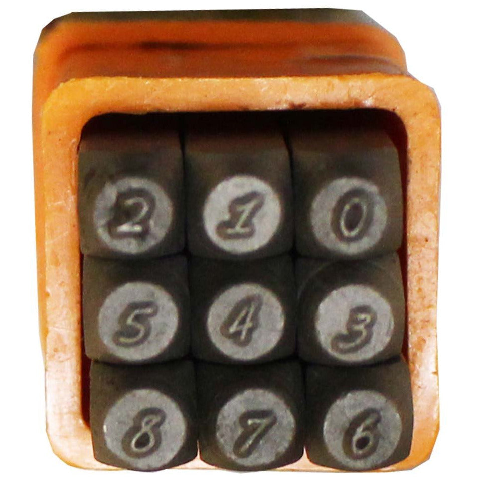 9 Pc. Hardened Steel Number Punch Set in Fancy "Scriptina" Design, 1/16" Size - TJ-30885 - ToolUSA