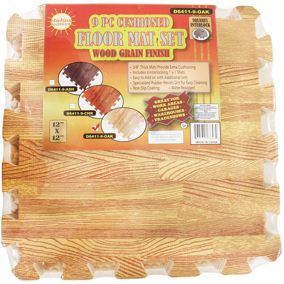 9 Piece 12 x 12 Inch Cushioned Floor Mats - Oak Wood Looking Finish - D6411-9-OAK - ToolUSA