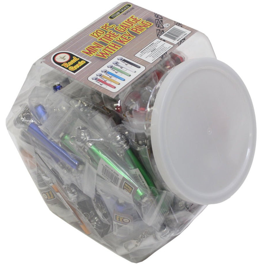 Display Jar Containing 120 Pieces of 3.5" Mini, 50 Lb Capacity Tire Inflation Gauge In 6 Colors - TA-91410 - ToolUSA