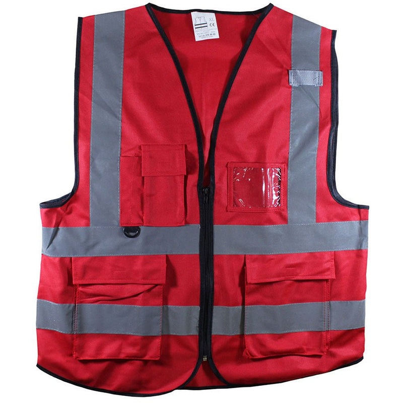 Extra Large Size Red Polyester Mesh Safety Vest With Black Trim and Reflective Stripes - SW15-RDX - ToolUSA