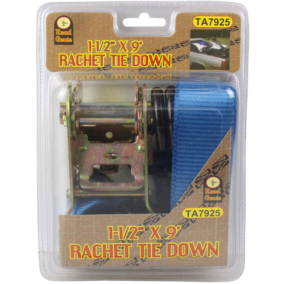 Heavy Duty Ratcheting Tie down With Hooks- Strap is 9 feet long and 1-1/2 inches wide - TA-97925 - ToolUSA