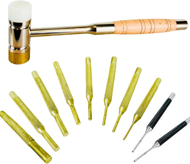 JEWEL TOOL 13 Piece Pin Punch and Drive Set with Brass and Nylon Head Hammer | Great for Jewelry Making, Metal Working