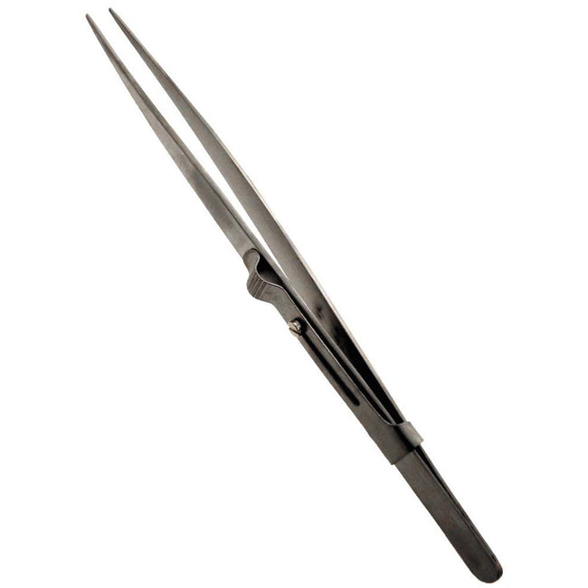 Nickel Plated, Straight Pointed Tipped Steel Tweezers, 6.25" Long, Equipped With Slide Lock - S1-08591 - ToolUSA
