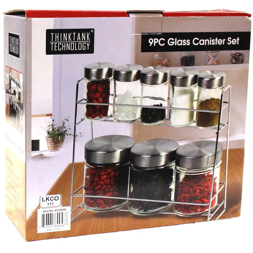 ToolUSA 9 Piece Glass Canister Set With Stainless Steel Lids And Display Rack: LKCO-69056 (Pack of: 1) - LKCO-69056 - ToolUSA