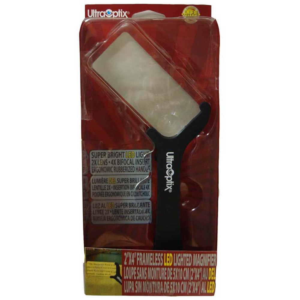ToolUSA Ultraoptix Rectangular Acrylic Rimless Handheld Magnifier With 2x Power And Led Lights: MG-U-SV-2X4 - MG-U-SV-2X4 - ToolUSA