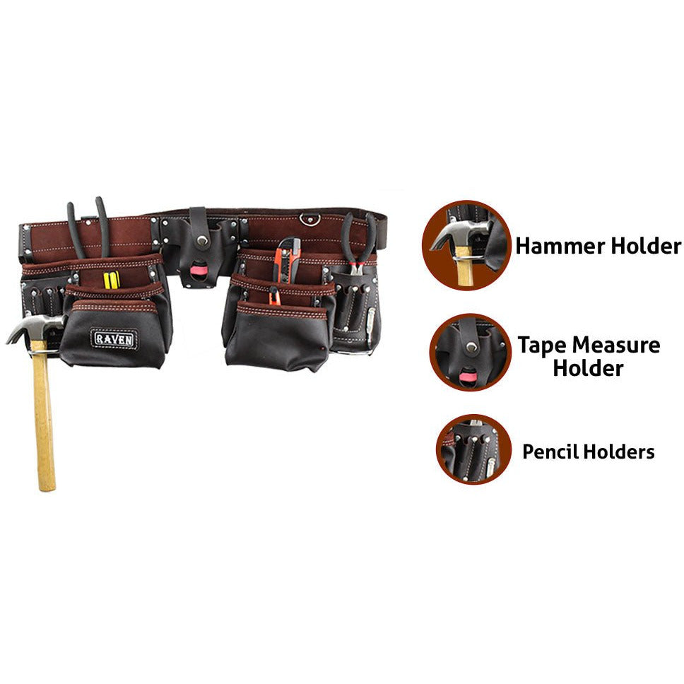 Top Grain Oiled Leather Tool Belt with 11 Pockets and 2 Hammer Holders - AA-88213 - ToolUSA