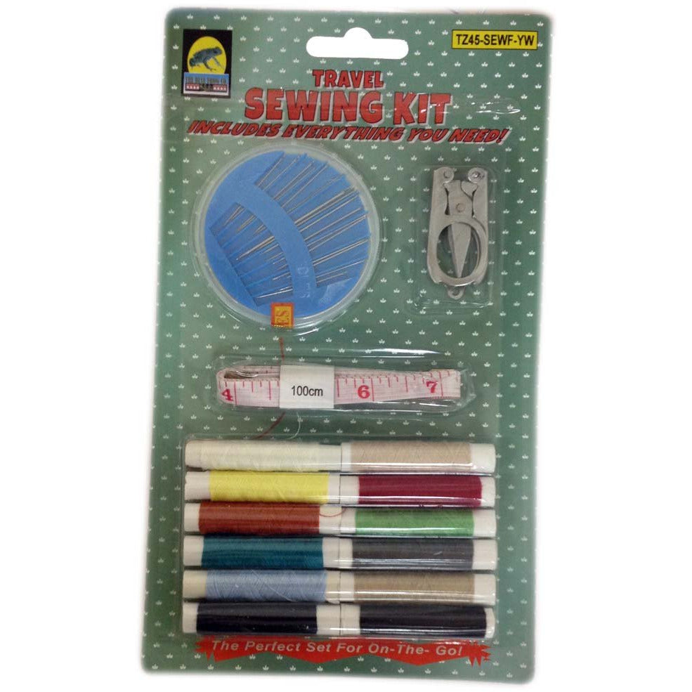 Travel Sewing Kit With Folding Scissors, Sewing Needles, Thread Selection & Tape Measure - TZ-TZ45-SEWF-YW - ToolUSA