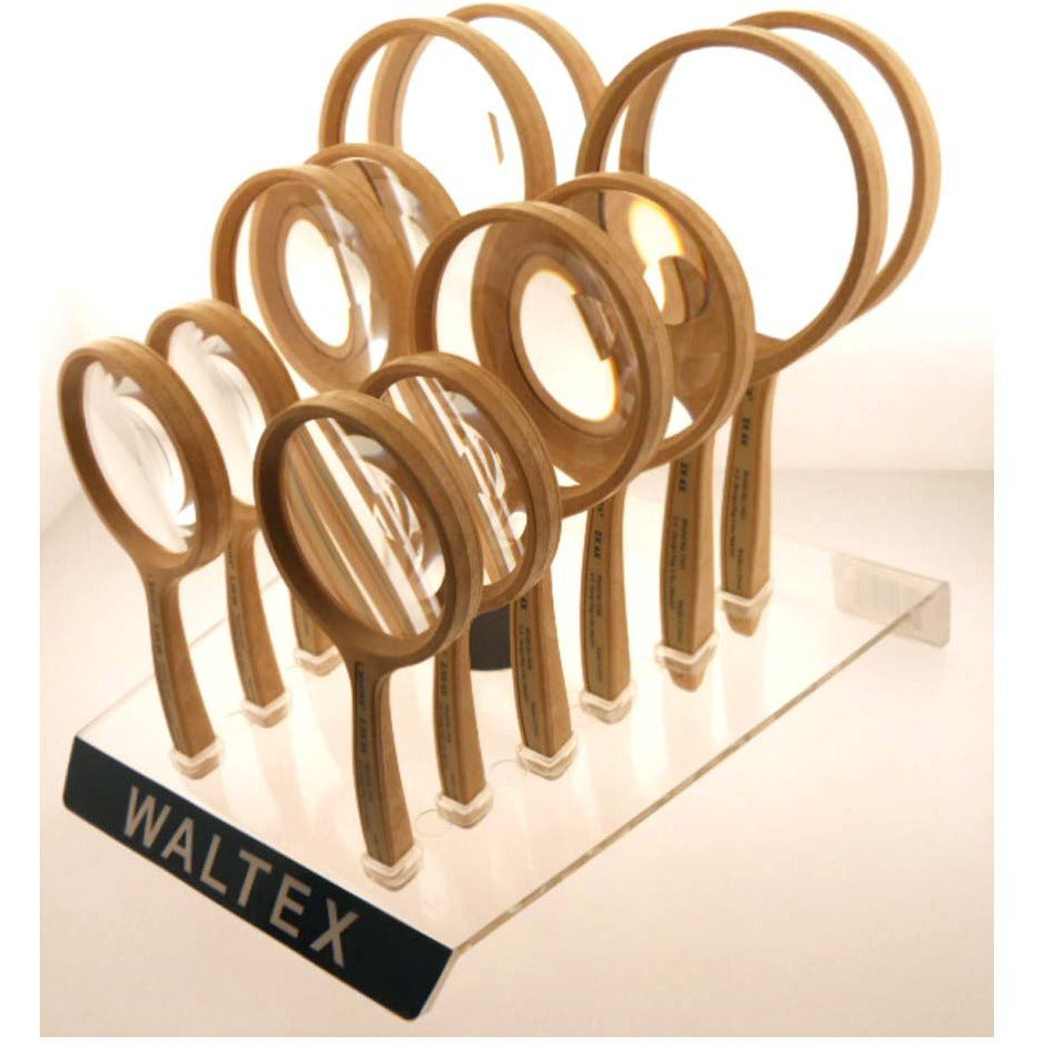 WALTEX 12 Piece Magnifying Glass Set with an Acrylic Display Rack, Wood Finish: MP7522W - MP7522W - ToolUSA